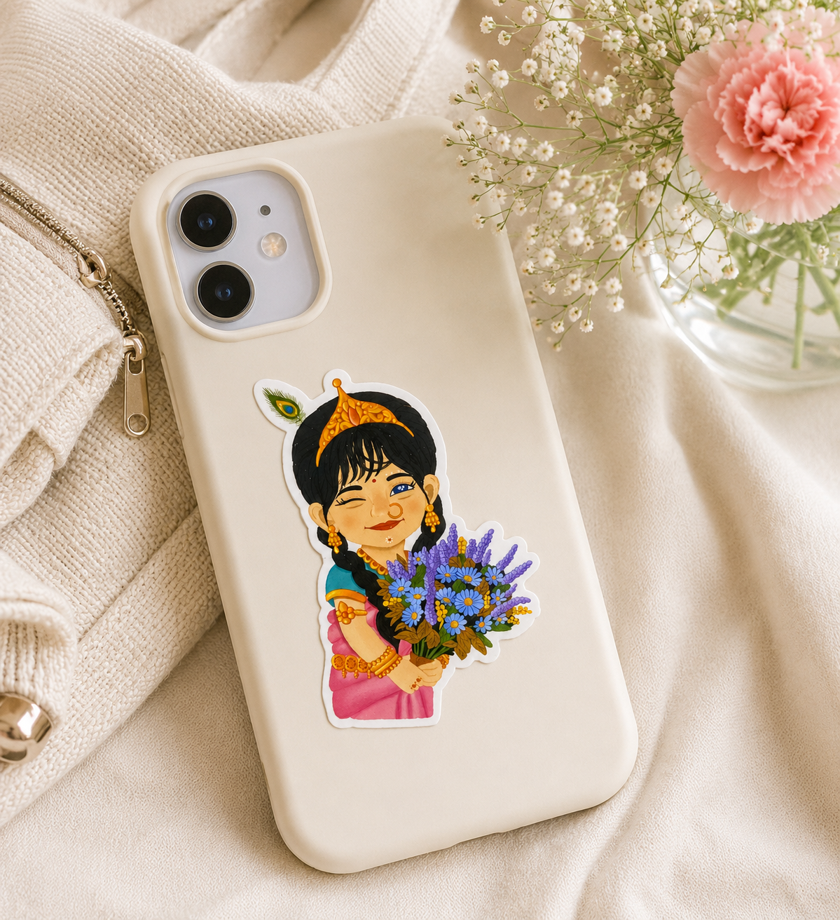Sri Radha floral vinyl sticker, krishna conscious gift for devotee, cute hindu devotion stationery, Indian goddess spiritual decor accessory