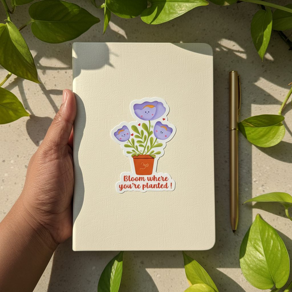 Bloom where you're planted vinyl sticker, cute spiritual inspiration decor, motivational positive affirmation growth, floral journal decor