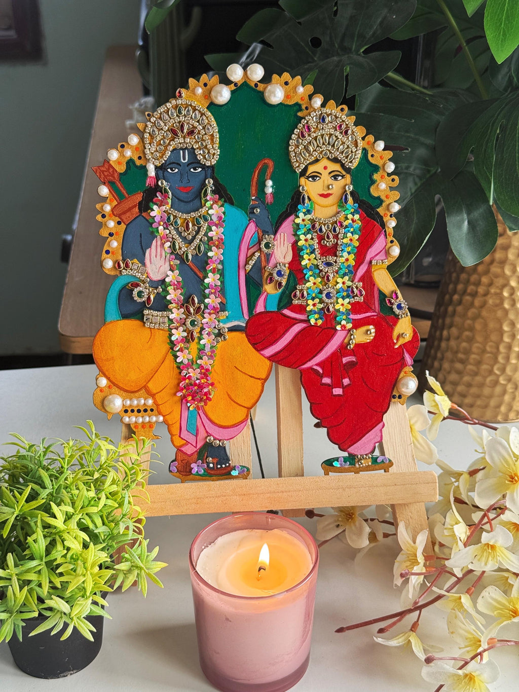 Sita Ram hand painted kundan relief art, Ramayana krishna devotees gift, Lord Rama pattabhishekam illustration, hindu god indian home decor - Image 1