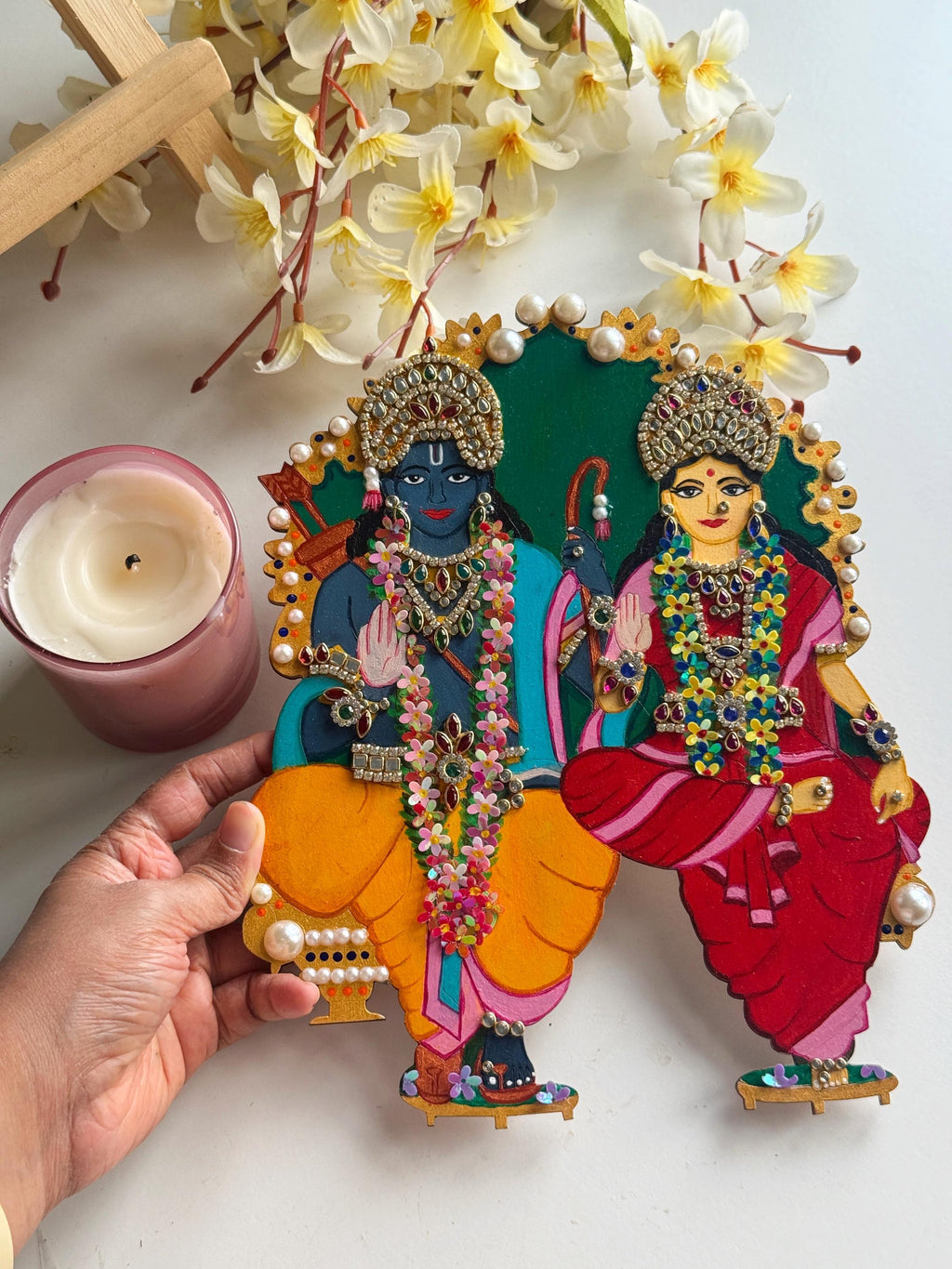 Sita Ram hand painted kundan relief art, Ramayana krishna devotees gift, Lord Rama pattabhishekam illustration, hindu god indian home decor - Image 3