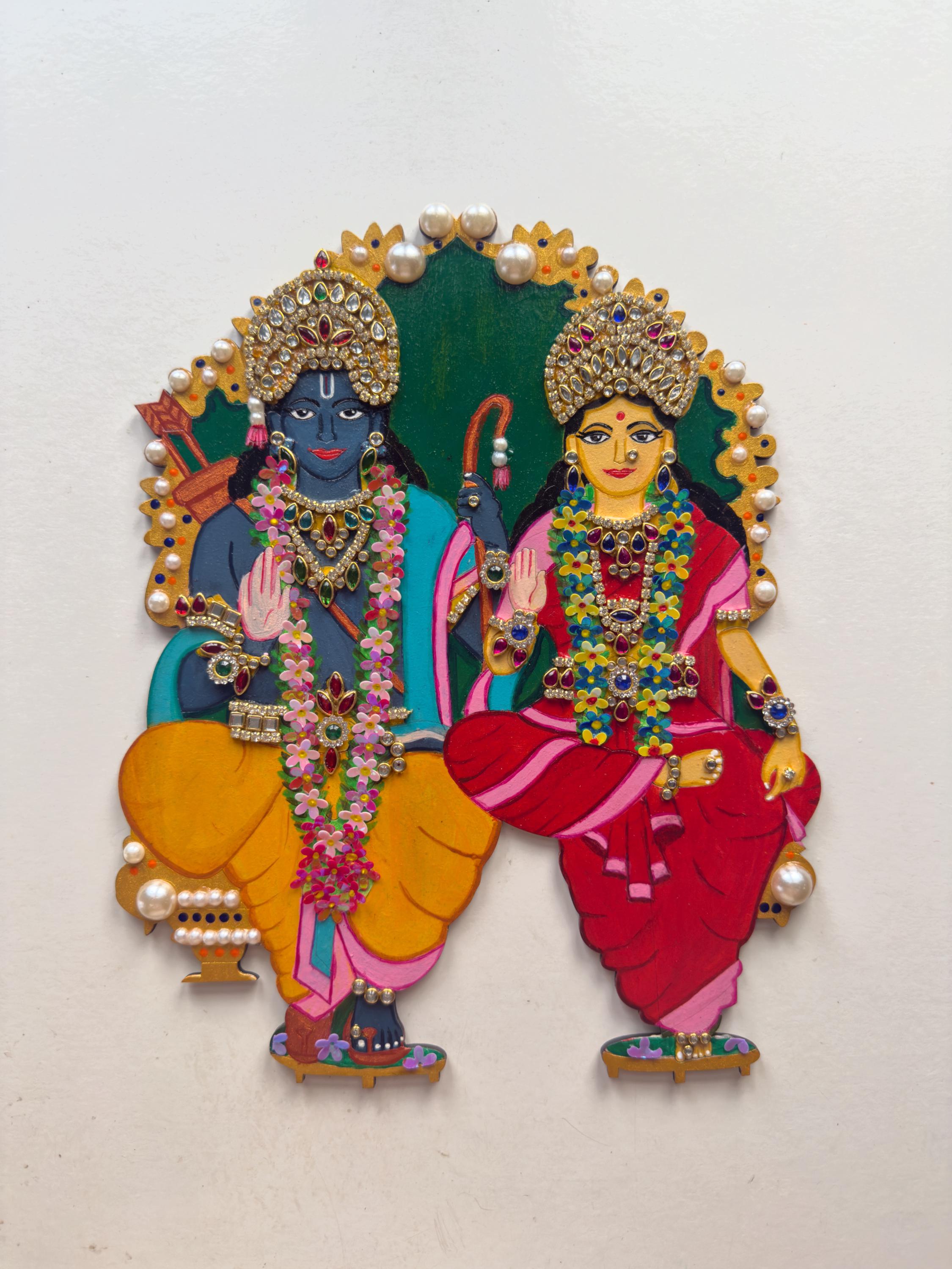 Sita Ram hand painted kundan relief art, Ramayana krishna devotees gift, Lord Rama pattabhishekam illustration, hindu god indian home decor - Image 2