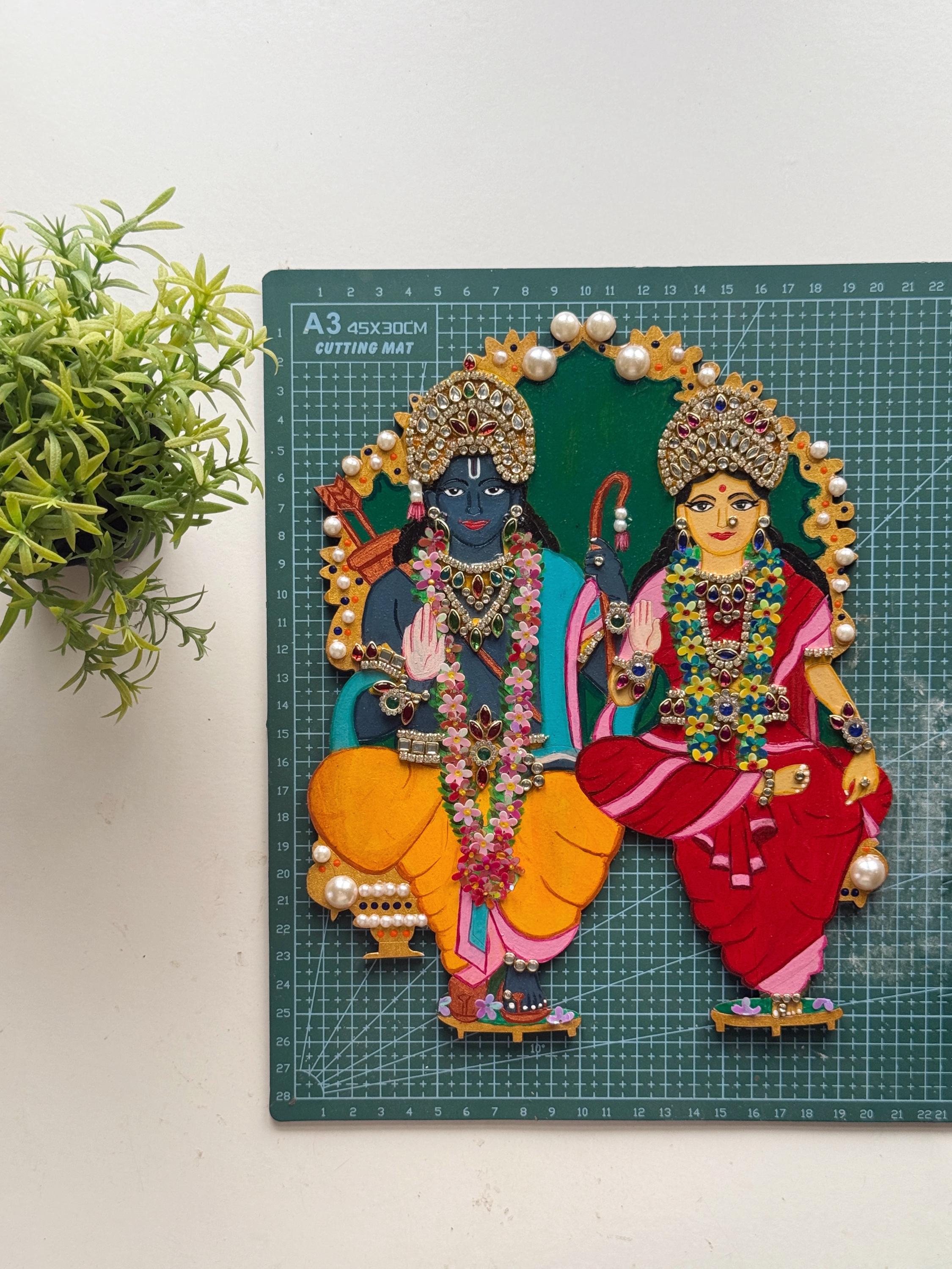 Sita Ram hand painted kundan relief art, Ramayana krishna devotees gift, Lord Rama pattabhishekam illustration, hindu god indian home decor - Image 4