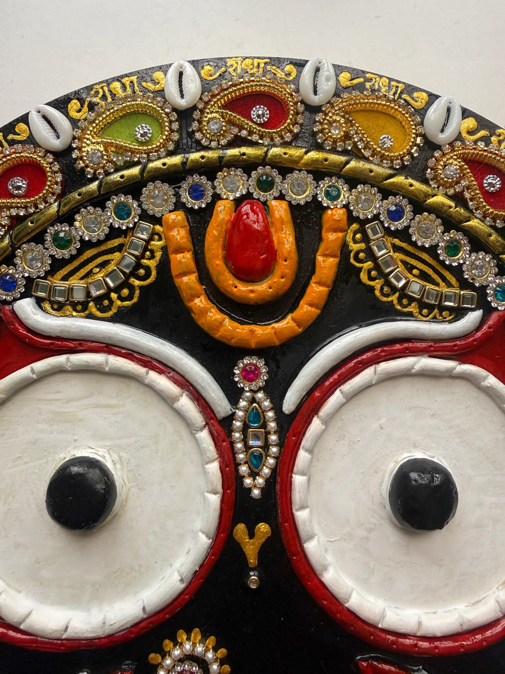 Hindu Bhakti Jagannath wall art, religious krishna lippan relief painting, original wooden home altar decor, spiritual handmade craftwork - Image 5
