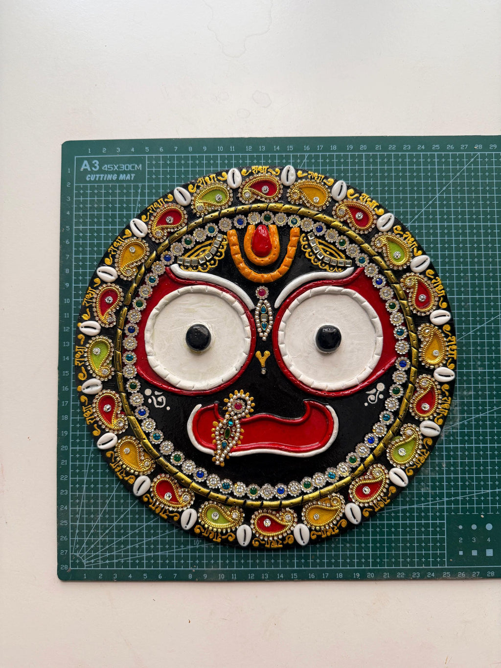 Hindu Bhakti Jagannath wall art, religious krishna lippan relief painting, original wooden home altar decor, spiritual handmade craftwork - Image 3