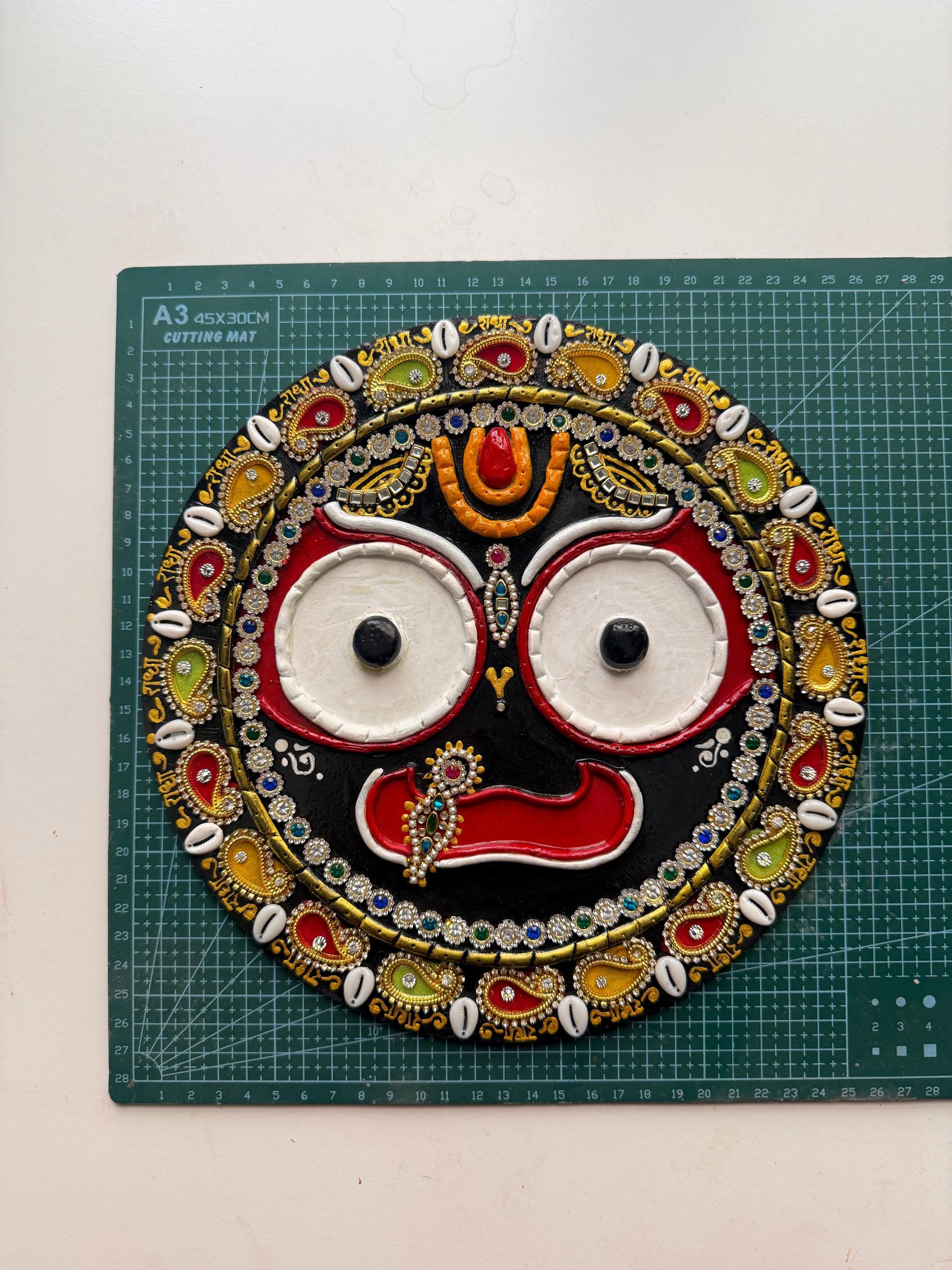 Hindu Bhakti Jagannath wall art, religious krishna lippan relief painting, original wooden home altar decor, spiritual handmade craftwork - Image 3