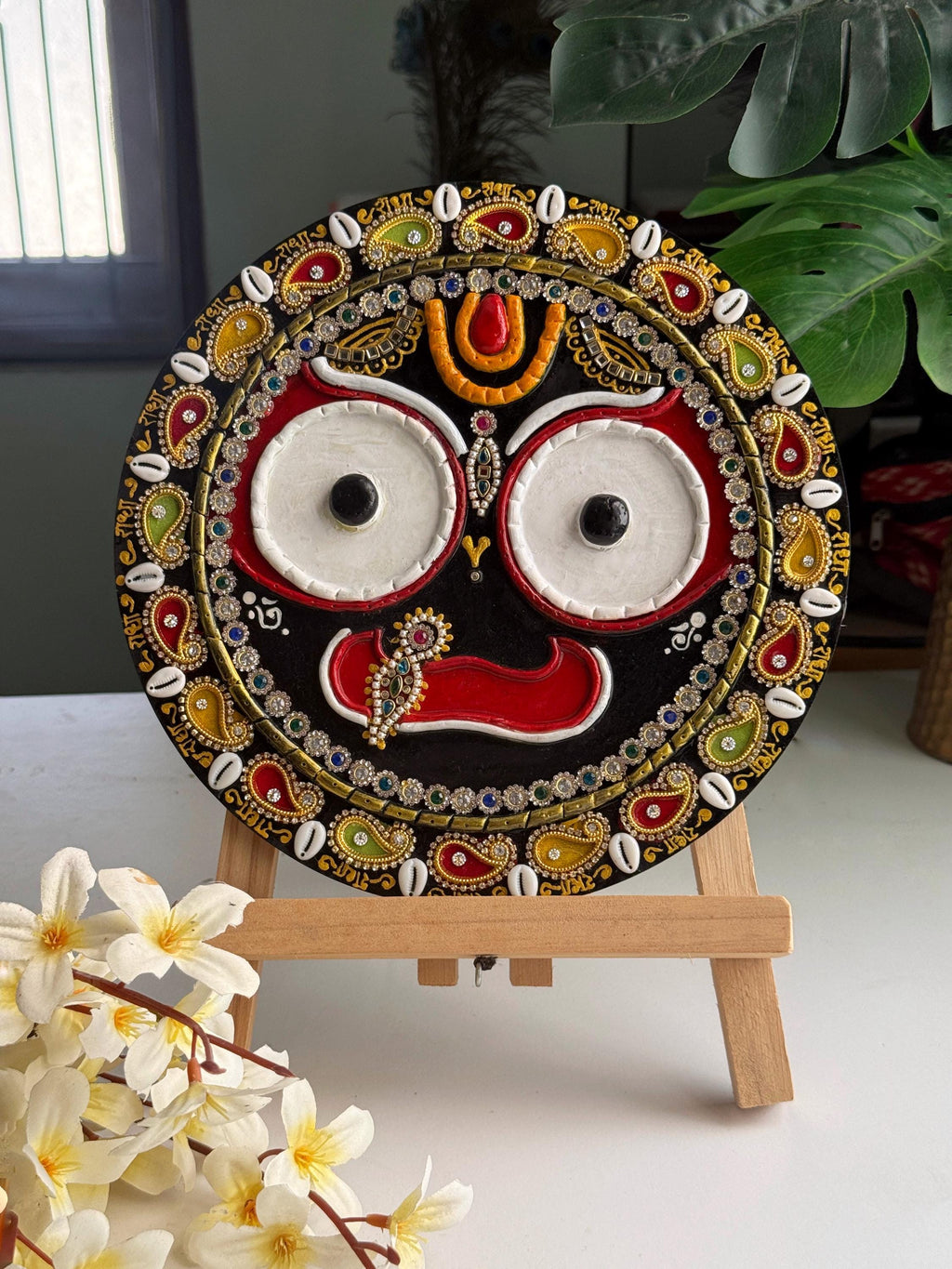 Hindu Bhakti Jagannath wall art, religious krishna lippan relief painting, original wooden home altar decor, spiritual handmade craftwork - Image 1