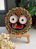 Hindu Bhakti Jagannath wall art, religious krishna lippan relief painting, original wooden home altar decor, spiritual handmade craftwork - Image 1