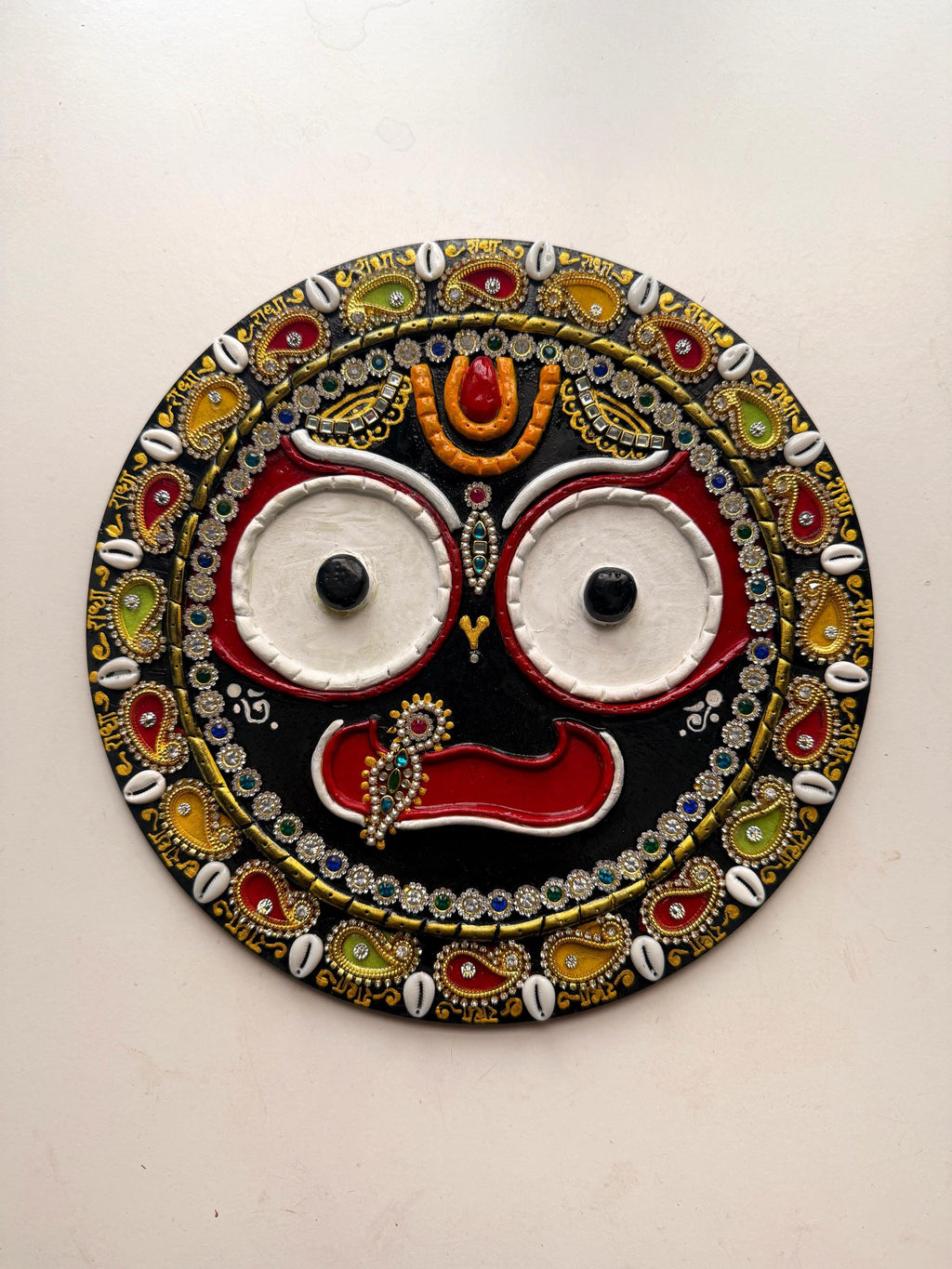 Hindu Bhakti Jagannath wall art, religious krishna lippan relief painting, original wooden home altar decor, spiritual handmade craftwork - Image 2