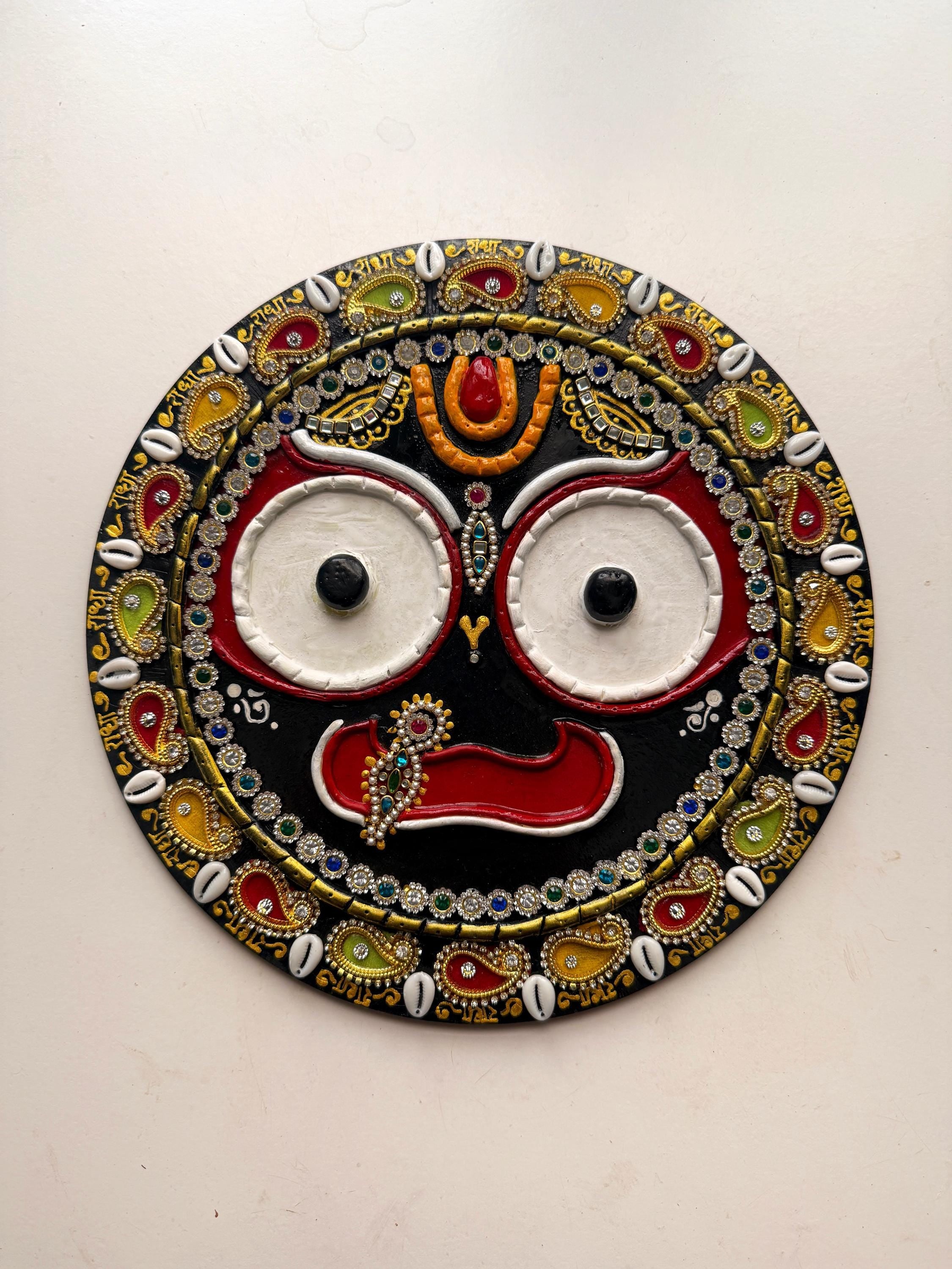 Hindu Bhakti Jagannath wall art, religious krishna lippan relief painting, original wooden home altar decor, spiritual handmade craftwork - Image 2