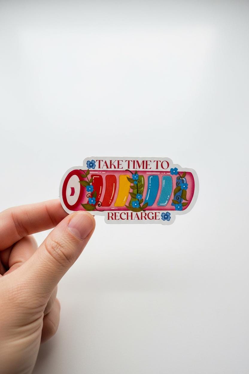 Take time to recharge motivational vinyl sticker, mindful self care gift, mental health floral battery decal, Bhagavad Gita Krishna quotes - Image 2