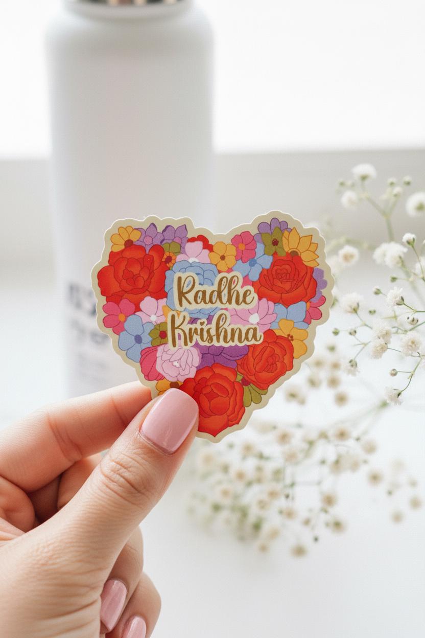 Radha krishna floral heart sticker, spiritual gift for iskcon conscious devotee, hindu Indian decal decor, vinyl divine accessory for laptop - Image 2