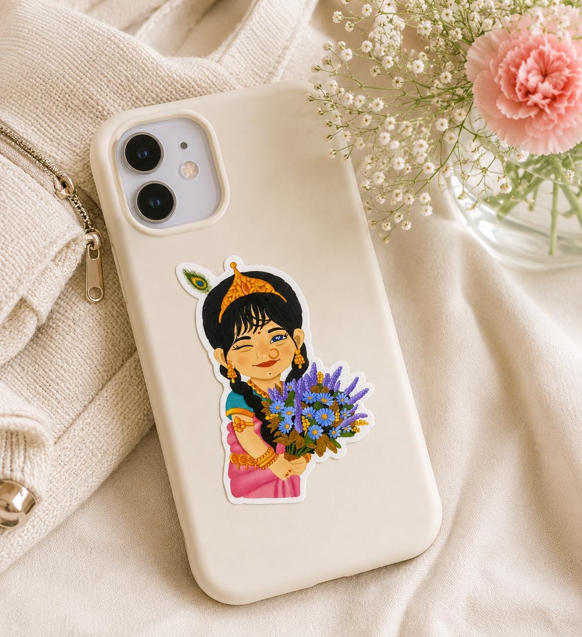 Sri Radha floral vinyl sticker, krishna conscious gift for devotee, cute hindu devotion stationery, Indian goddess spiritual decor accessory - Image 4