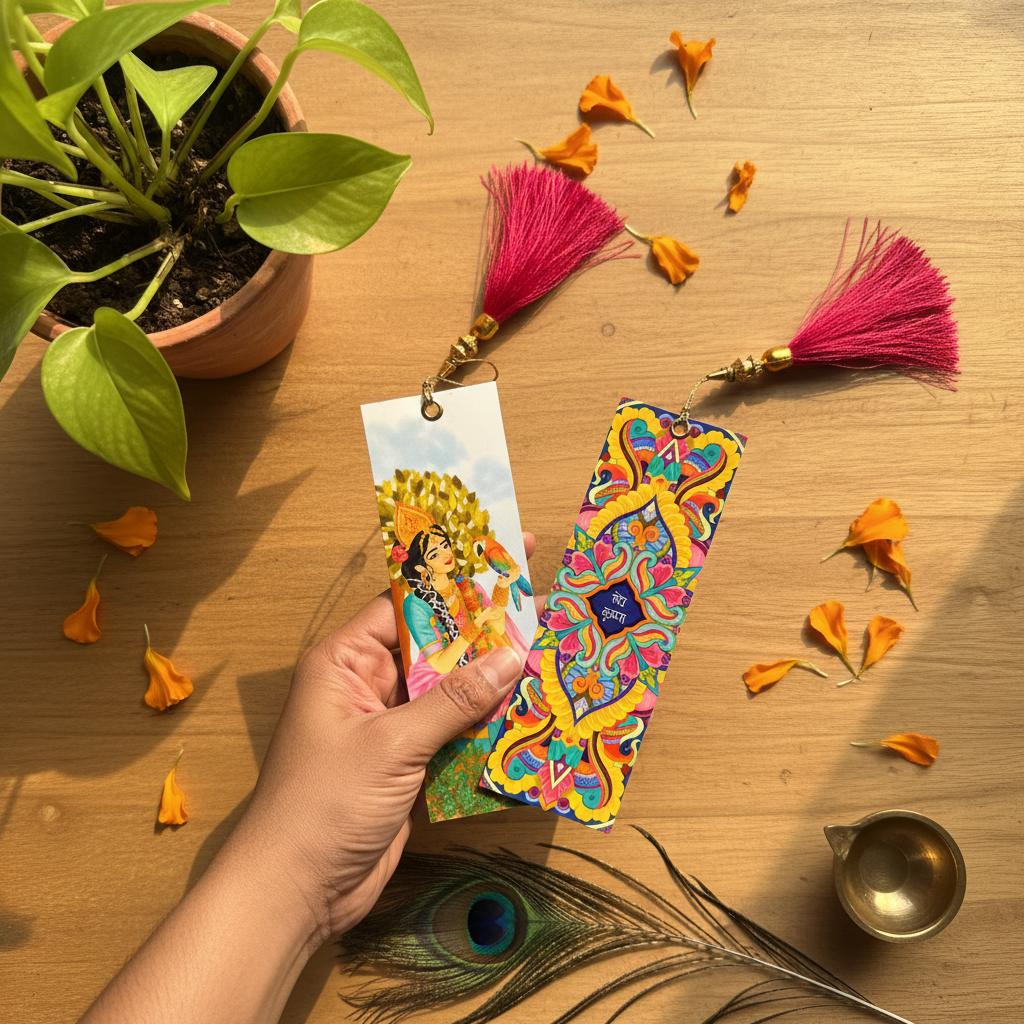 Radha Krishna Mandala bookmark, Matte Premium book marker, colorful devotional snail mail gift, spiritual Bhakti stationery, mini art print - Image 6