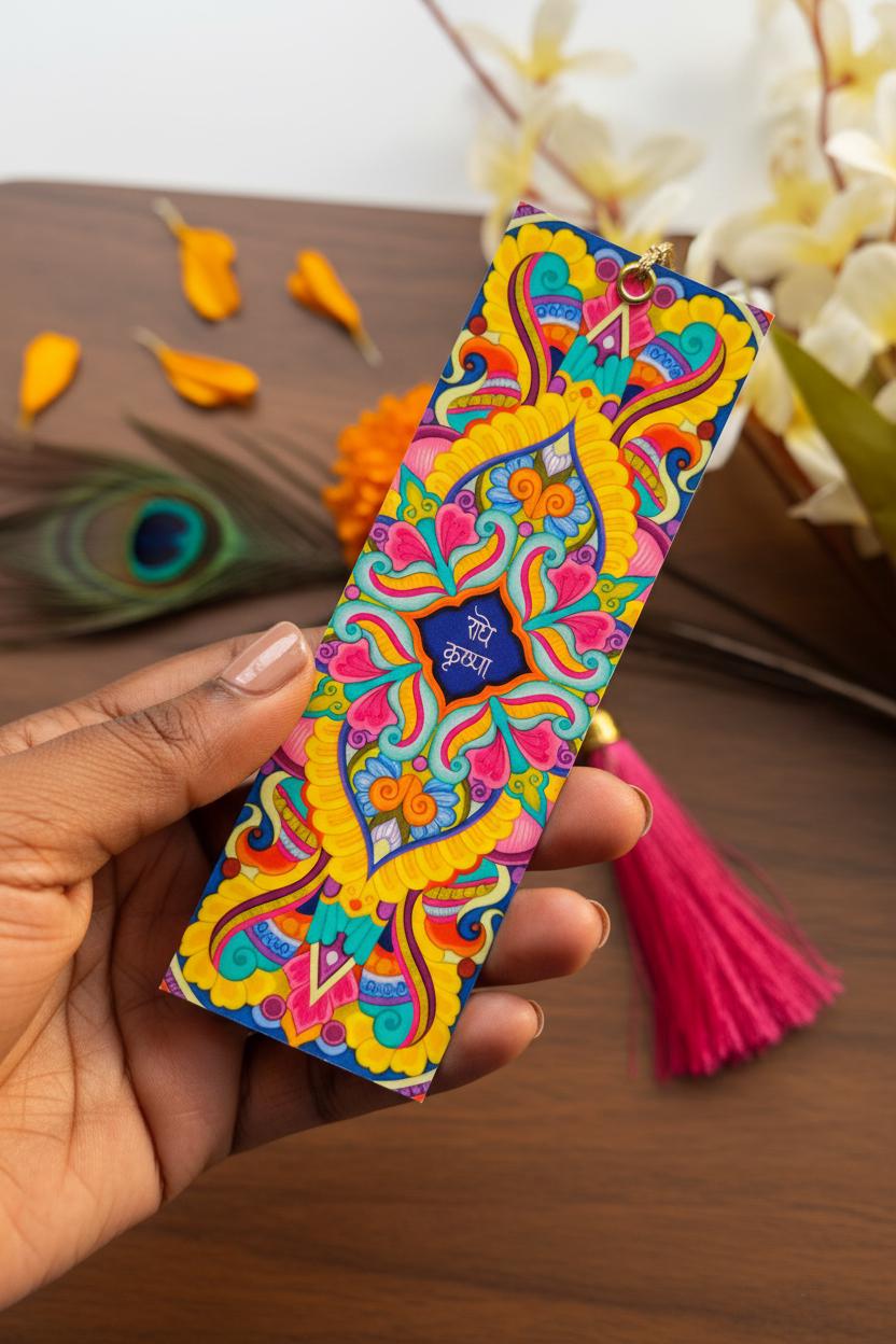 Radha Krishna Mandala bookmark, Matte Premium book marker, colorful devotional snail mail gift, spiritual Bhakti stationery, mini art print - Image 4