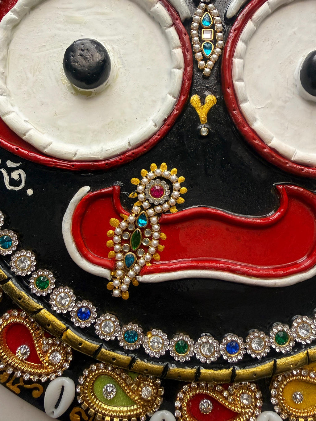 Hindu Bhakti Jagannath wall art, religious krishna lippan relief painting, original wooden home altar decor, spiritual handmade craftwork - Image 6