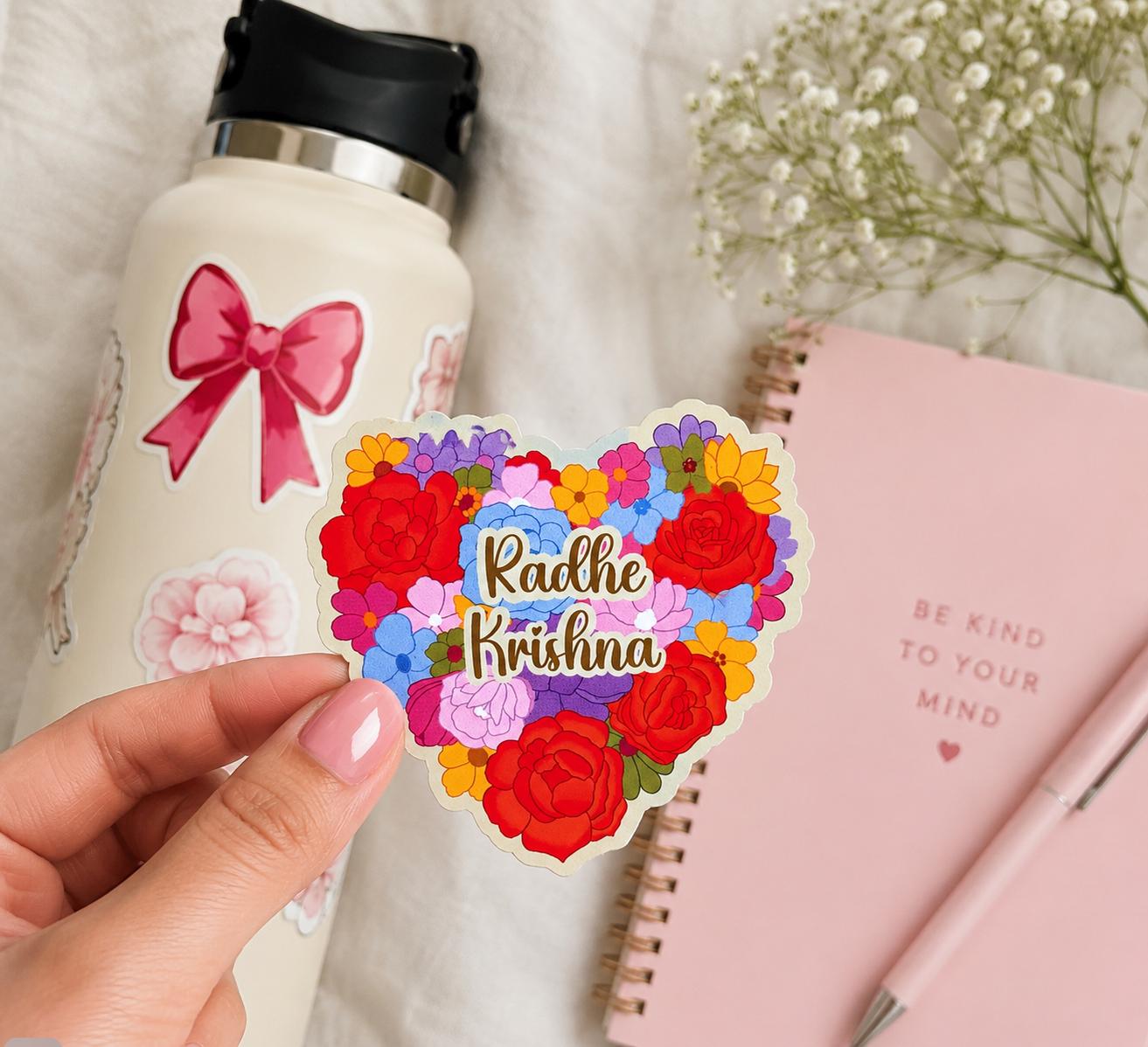 Radha krishna floral heart sticker, spiritual gift for iskcon conscious devotee, hindu Indian decal decor, vinyl divine accessory for laptop - Image 1