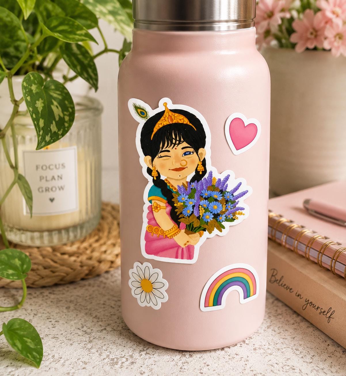 Sri Radha floral vinyl sticker, krishna conscious gift for devotee, cute hindu devotion stationery, Indian goddess spiritual decor accessory - Image 3