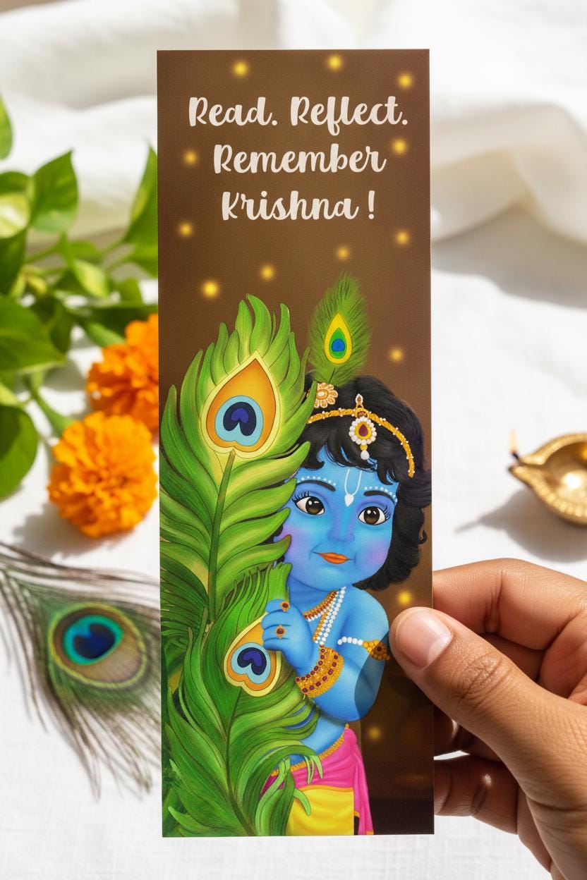 Peekaboo Little Krishna Bookmark, Baby Govinda Page Marker, Peacock Feather Reading Accessory, Cute Bhakti Devotional Gift, Sri Radha lovers - Image 1