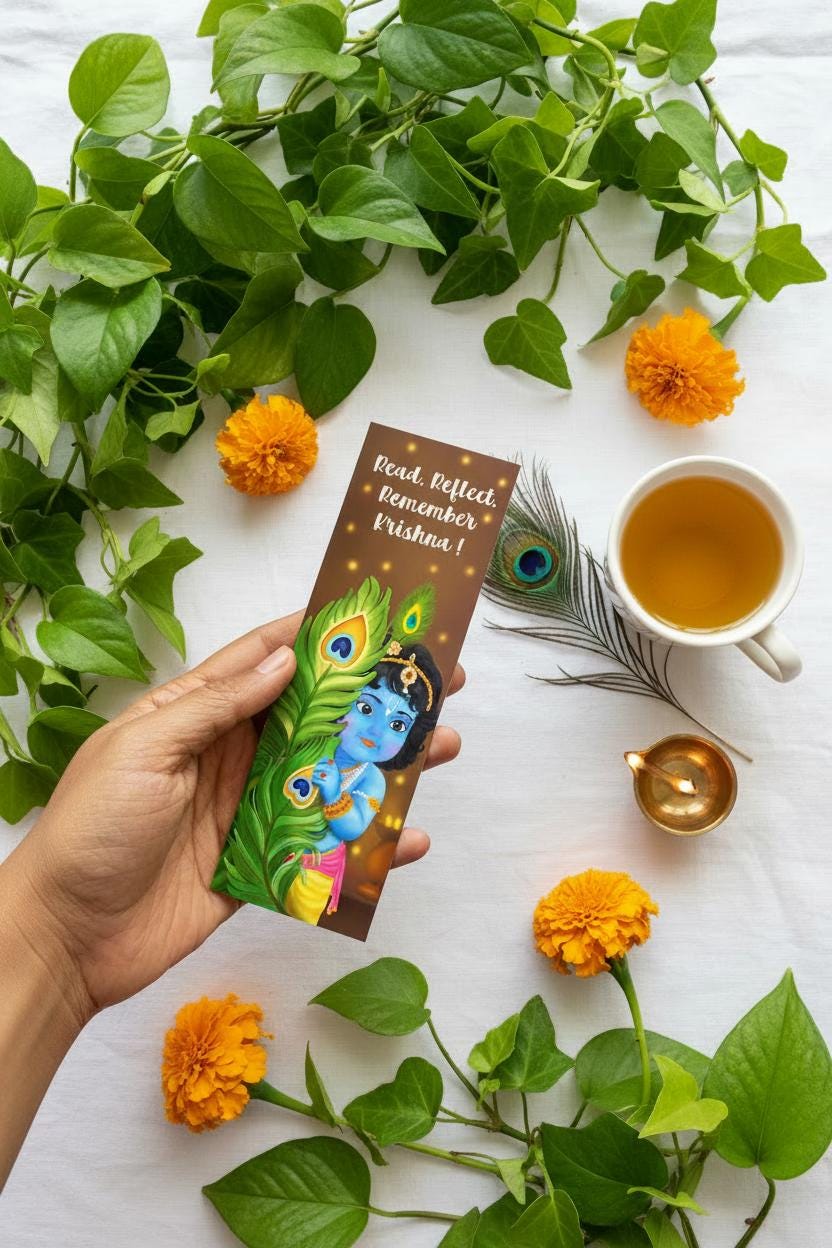 Peekaboo Little Krishna Bookmark, Baby Govinda Page Marker, Peacock Feather Reading Accessory, Cute Bhakti Devotional Gift, Sri Radha lovers - Image 3