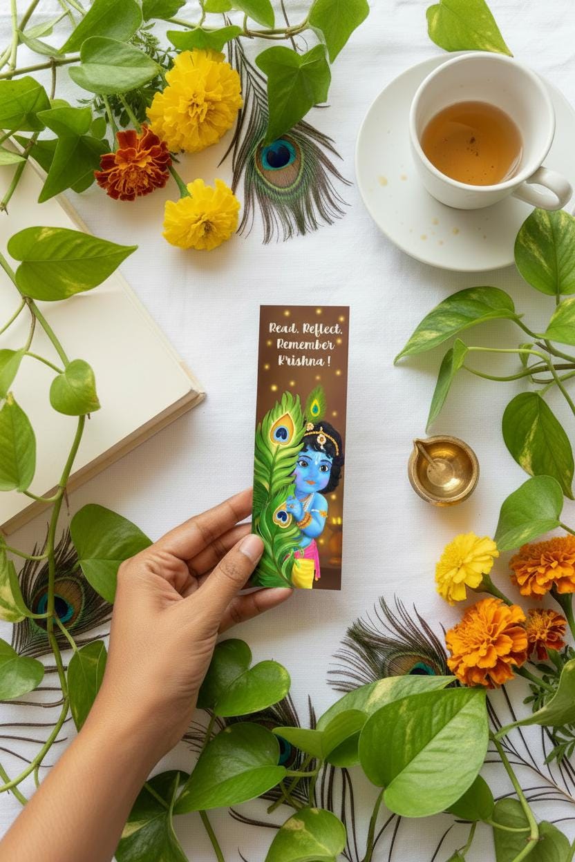 Peekaboo Little Krishna Bookmark, Baby Govinda Page Marker, Peacock Feather Reading Accessory, Cute Bhakti Devotional Gift, Sri Radha lovers - Image 5