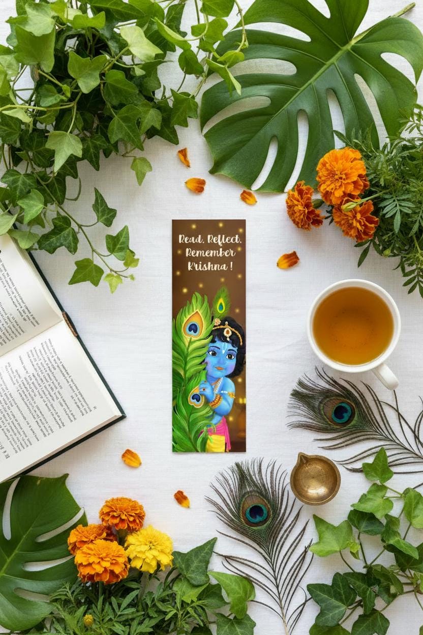 Peekaboo Little Krishna Bookmark, Baby Govinda Page Marker, Peacock Feather Reading Accessory, Cute Bhakti Devotional Gift, Sri Radha lovers - Image 4