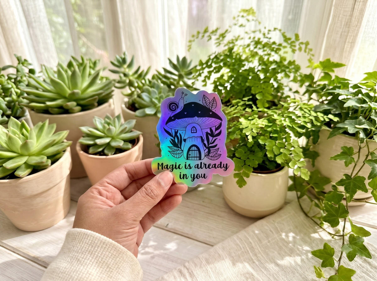 Soul Magic Holographic Sticker | Mushroom Fairy House | Holographic Vinyl Sticker | Cottagecore Gift | You Are Magic - Image 1