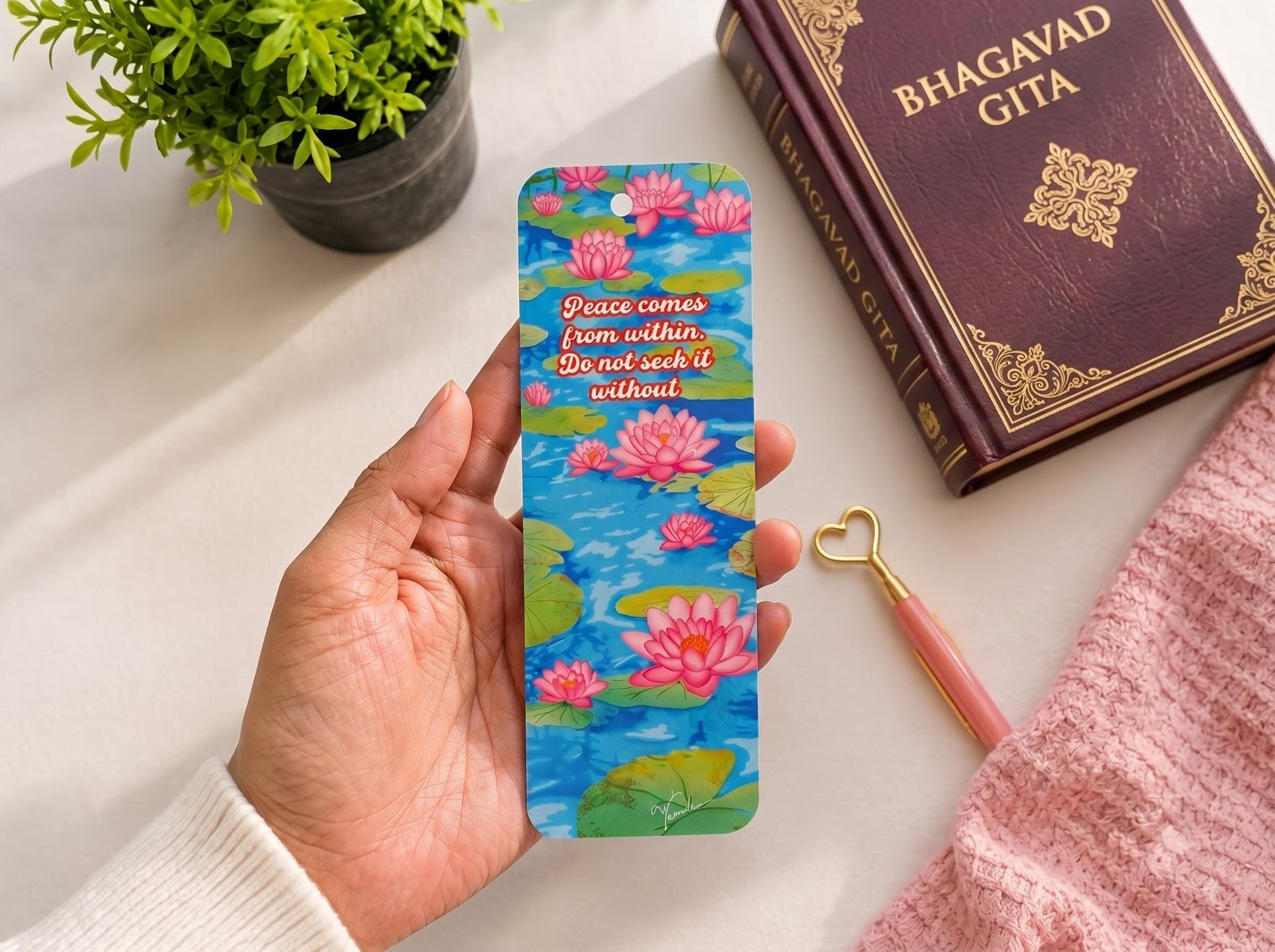 Peace Comes From Within Bhagavad Gita Bookmark | Lotus Pond Art | Spiritual Gift | Mindfulness Bookmark | Krishna Gift - Image 1