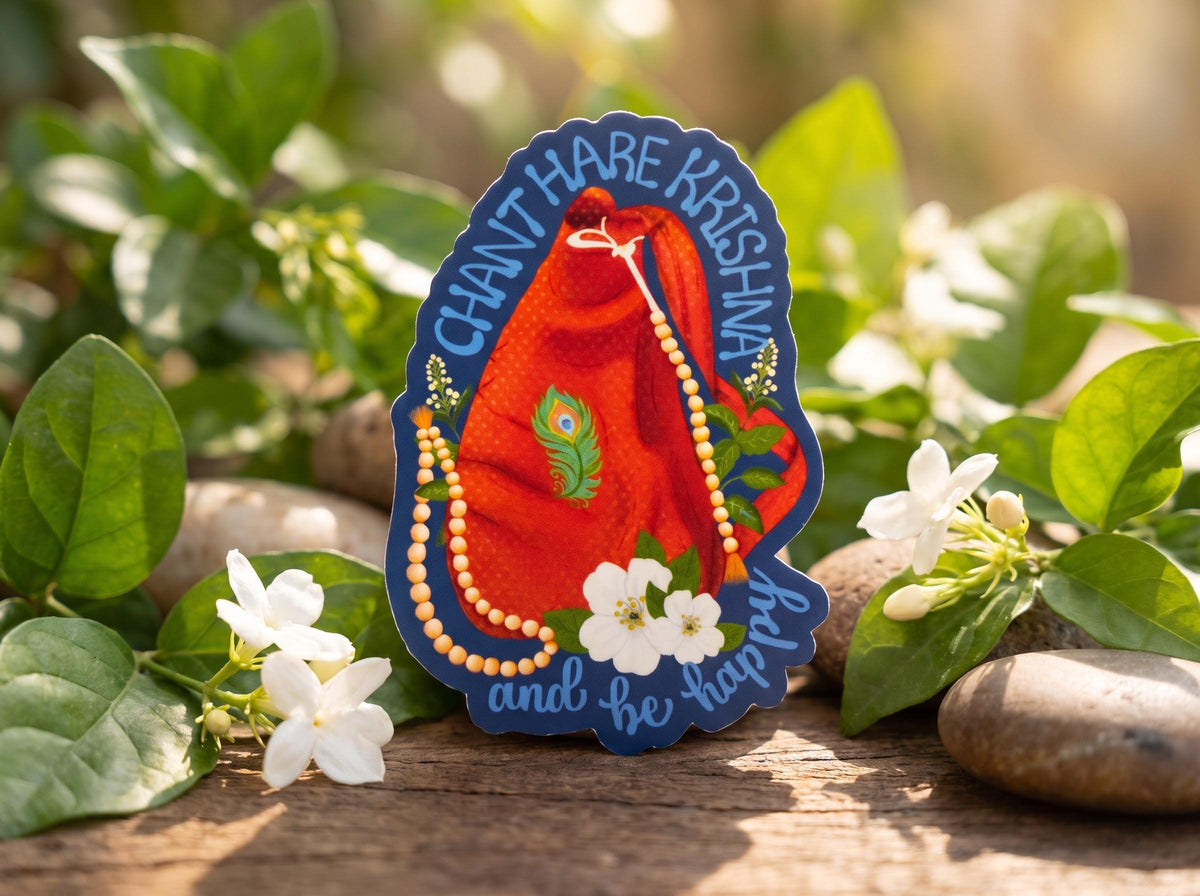 Hare Krishna Japa Bag Sticker | Chant Hare Krishna and Be Happy | Glossy Vinyl Sticker | ISKCON Gift | Devotional Sticker | Vaishnava Gift - Image 1