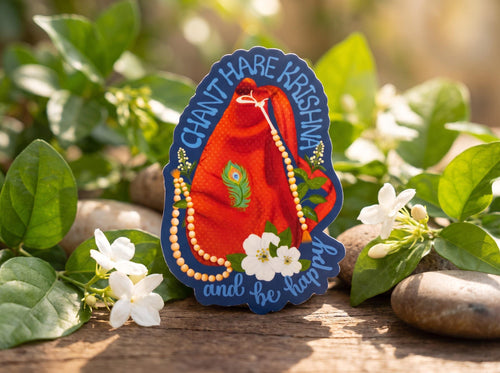 Hare Krishna Japa Bag Sticker | Chant Hare Krishna and Be Happy | Glossy Vinyl Sticker | ISKCON Gift | Devotional Sticker | Vaishnava Gift - Image 1