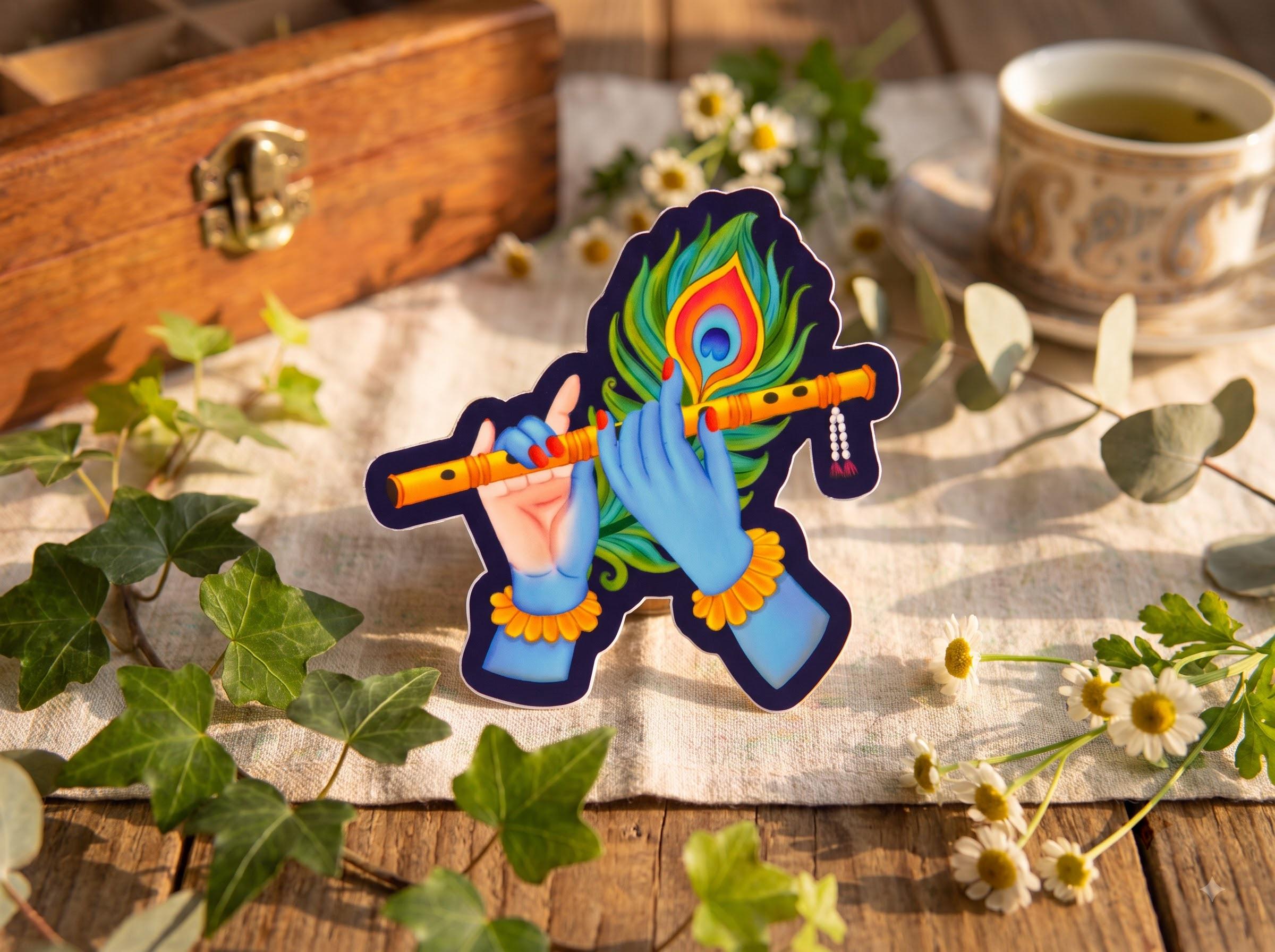 Venu Gopala Sticker | Krishna Flute & Peacock Feather | Glossy Vinyl Sticker | Krishna Gift | Hindu Sticker | Devotional Art - Image 1