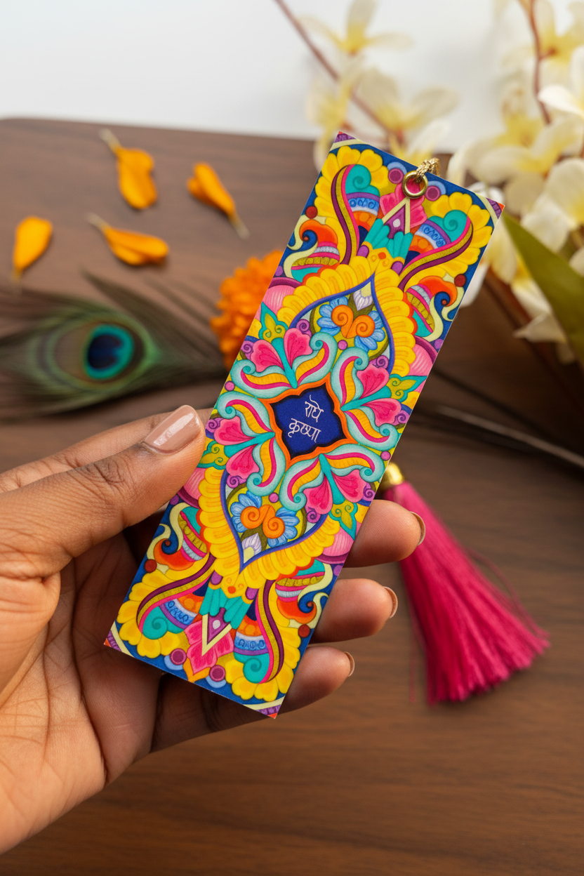 Radha Krishna Mandala bookmark, Matte Premium book marker, colorful devotional snail mail gift, spiritual Bhakti stationery, mini art print