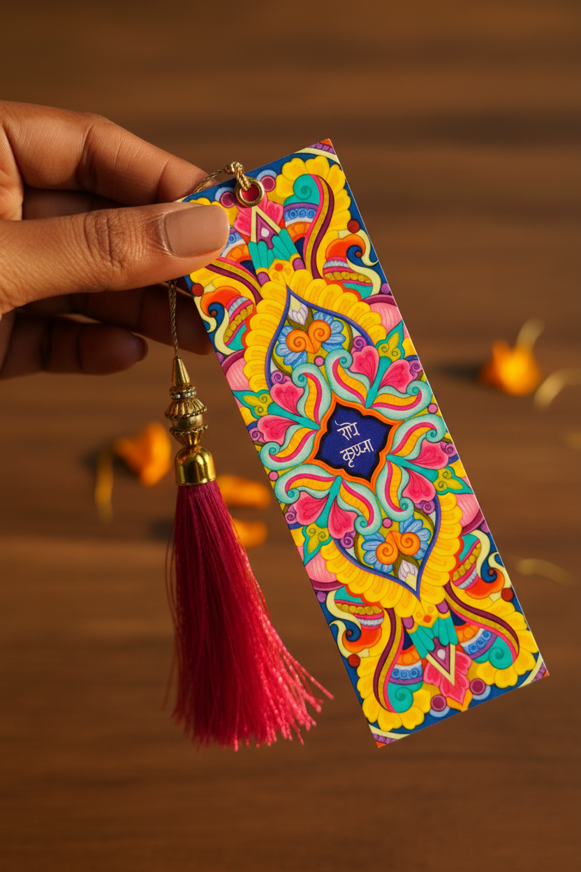 Radha Krishna Mandala bookmark, Matte Premium book marker, colorful devotional snail mail gift, spiritual Bhakti stationery, mini art print