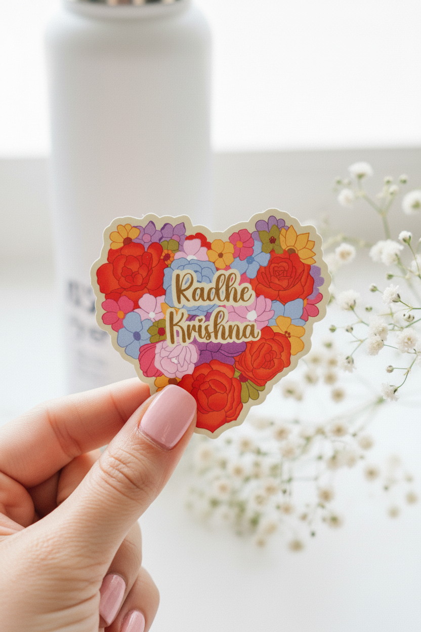 Radha krishna floral heart sticker, spiritual gift for iskcon conscious devotee, hindu Indian decal decor, vinyl divine accessory for laptop