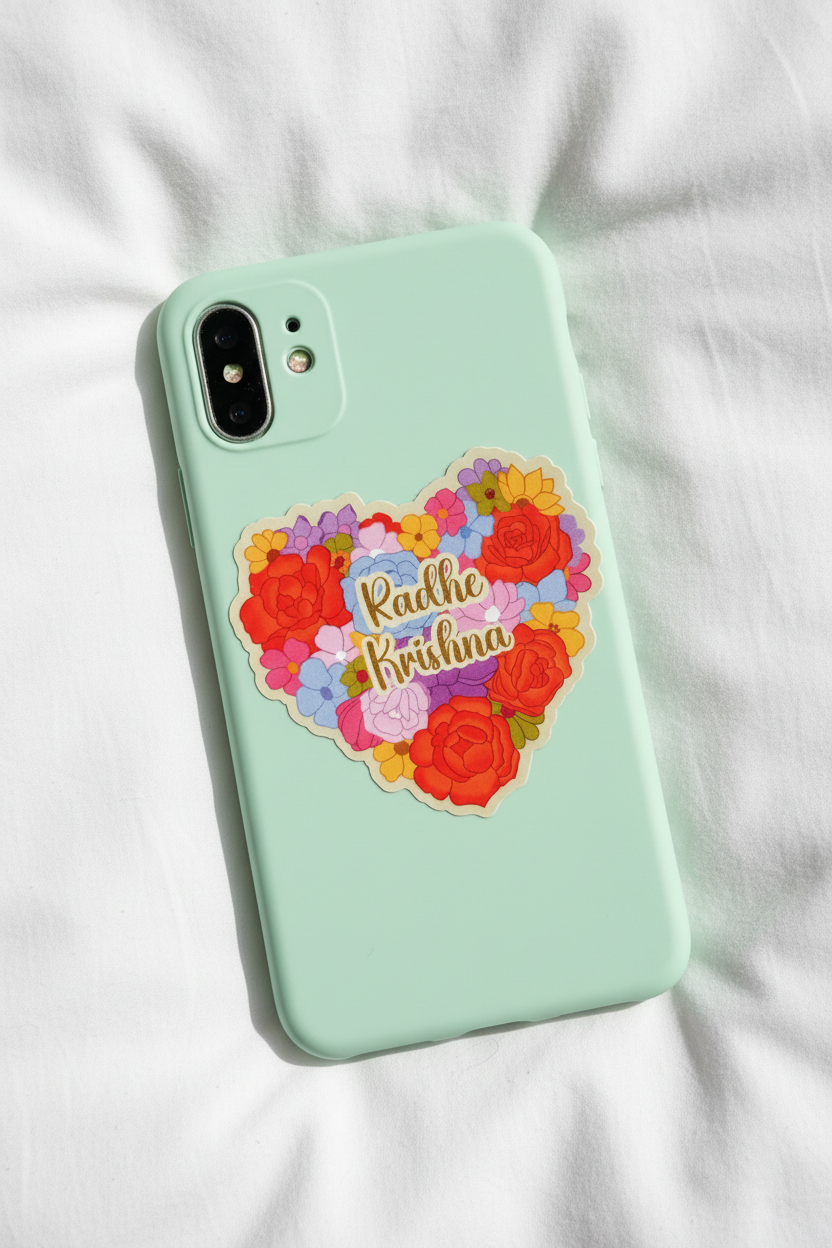 Radha krishna floral heart sticker, spiritual gift for iskcon conscious devotee, hindu Indian decal decor, vinyl divine accessory for laptop